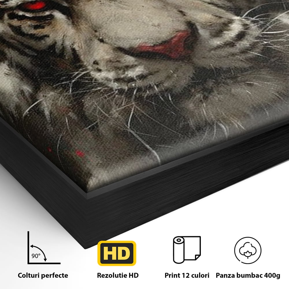 Detaliu al suprafetei: tablou canvas cu tigru alb si ochi rosii, in rama de aluminiu negru